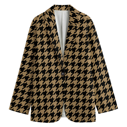 Brown And Black Houndstooth Print Women's Cotton Blazer