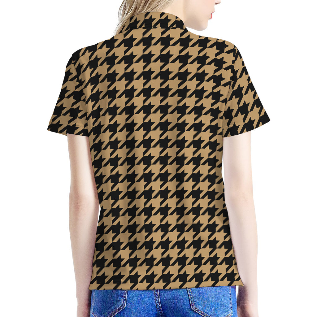 Brown And Black Houndstooth Print Women's Polo Shirt