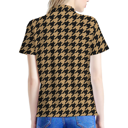 Brown And Black Houndstooth Print Women's Polo Shirt