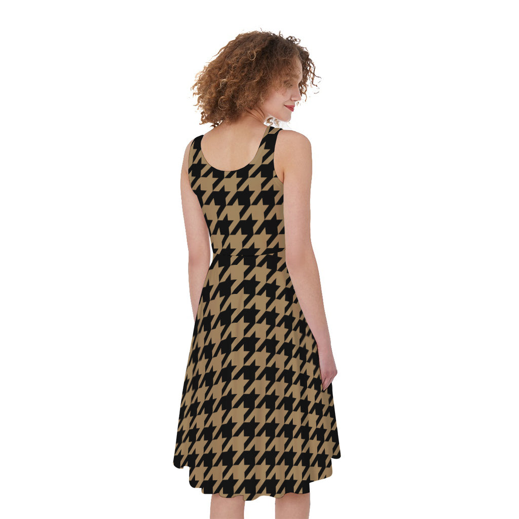 Brown And Black Houndstooth Print Women's Sleeveless Dress