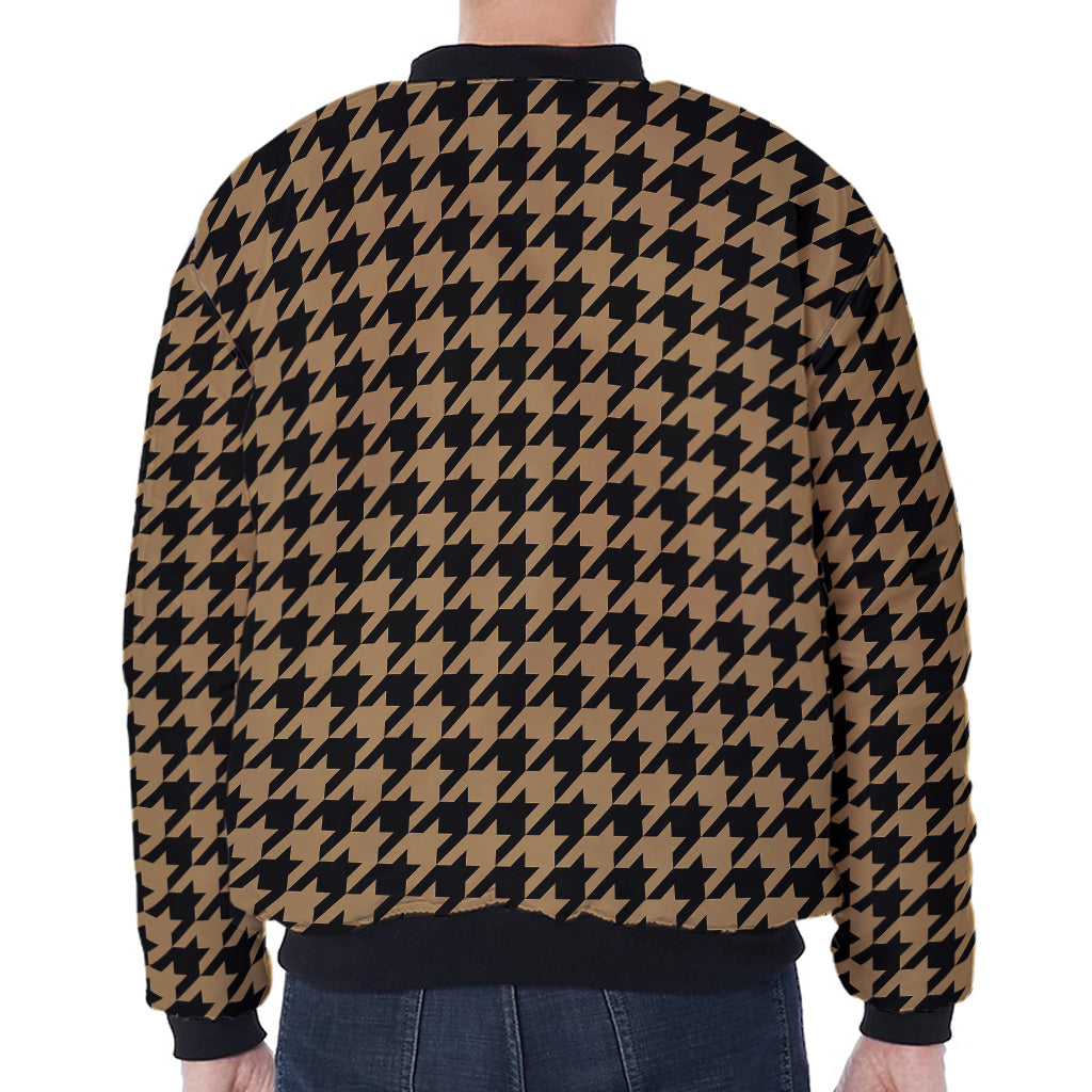 Brown And Black Houndstooth Print Zip Sleeve Bomber Jacket