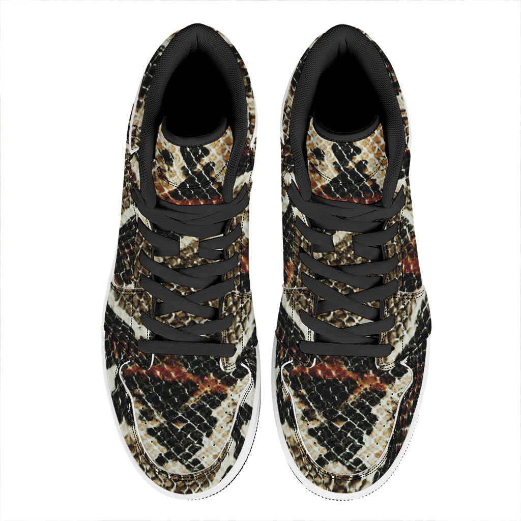 Brown And Black Snakeskin Print High Top Leather Sneakers