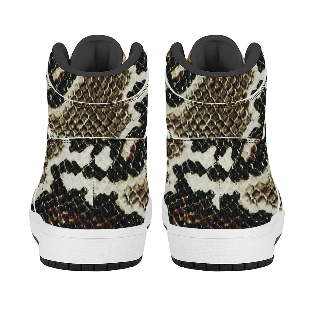 Brown And Black Snakeskin Print High Top Leather Sneakers