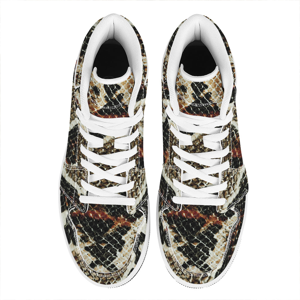 Brown And Black Snakeskin Print High Top Leather Sneakers
