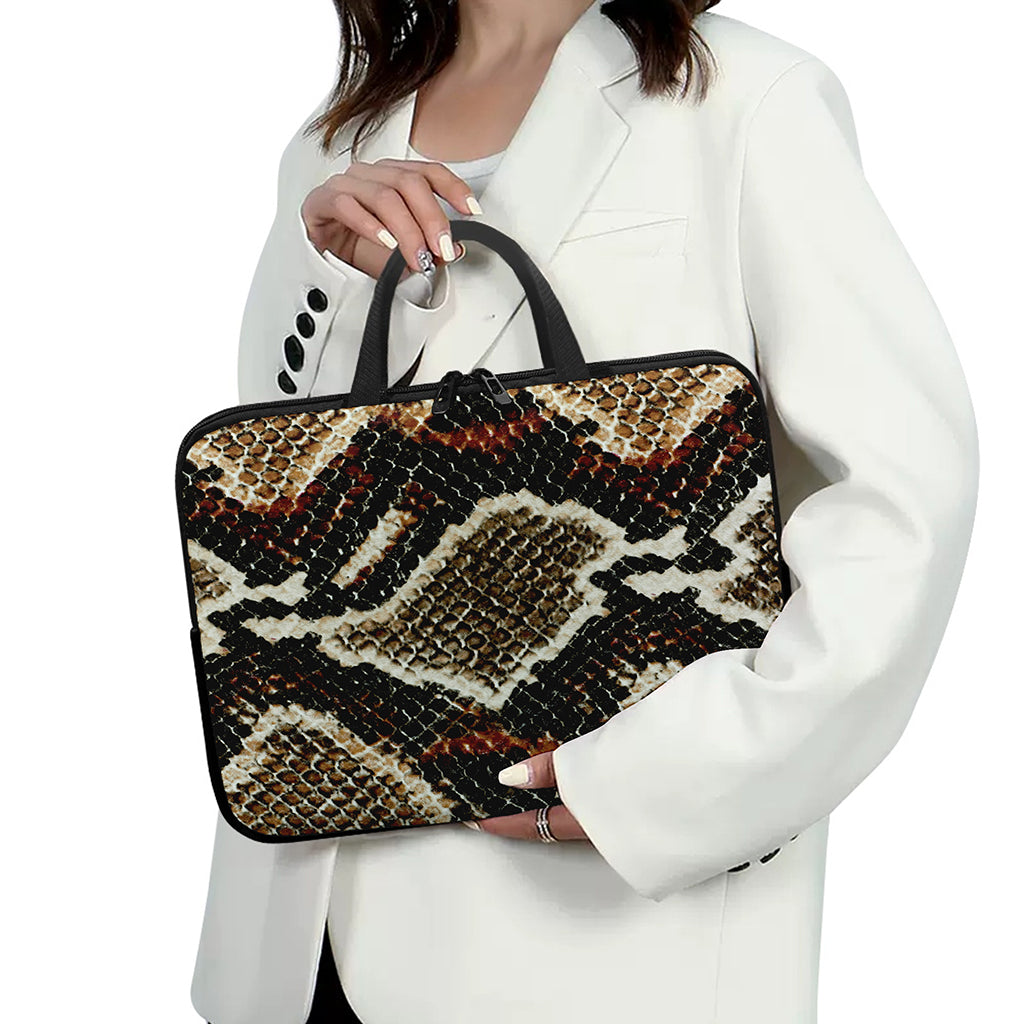 Brown And Black Snakeskin Print Laptop Sleeve With Handle