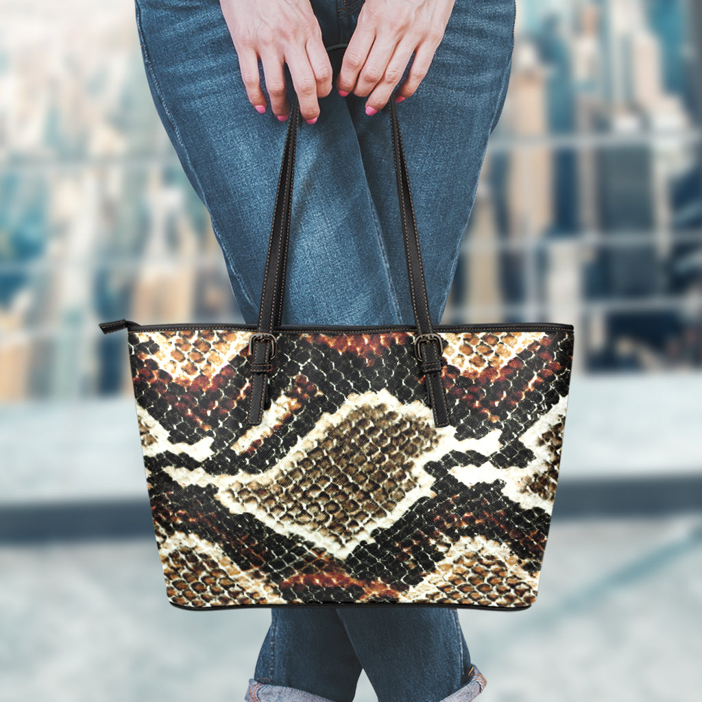 Brown And Black Snakeskin Print Leather Tote Bag