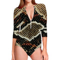 Brown And Black Snakeskin Print Long Sleeve Swimsuit