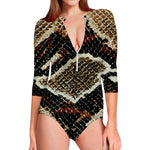 Brown And Black Snakeskin Print Long Sleeve Swimsuit