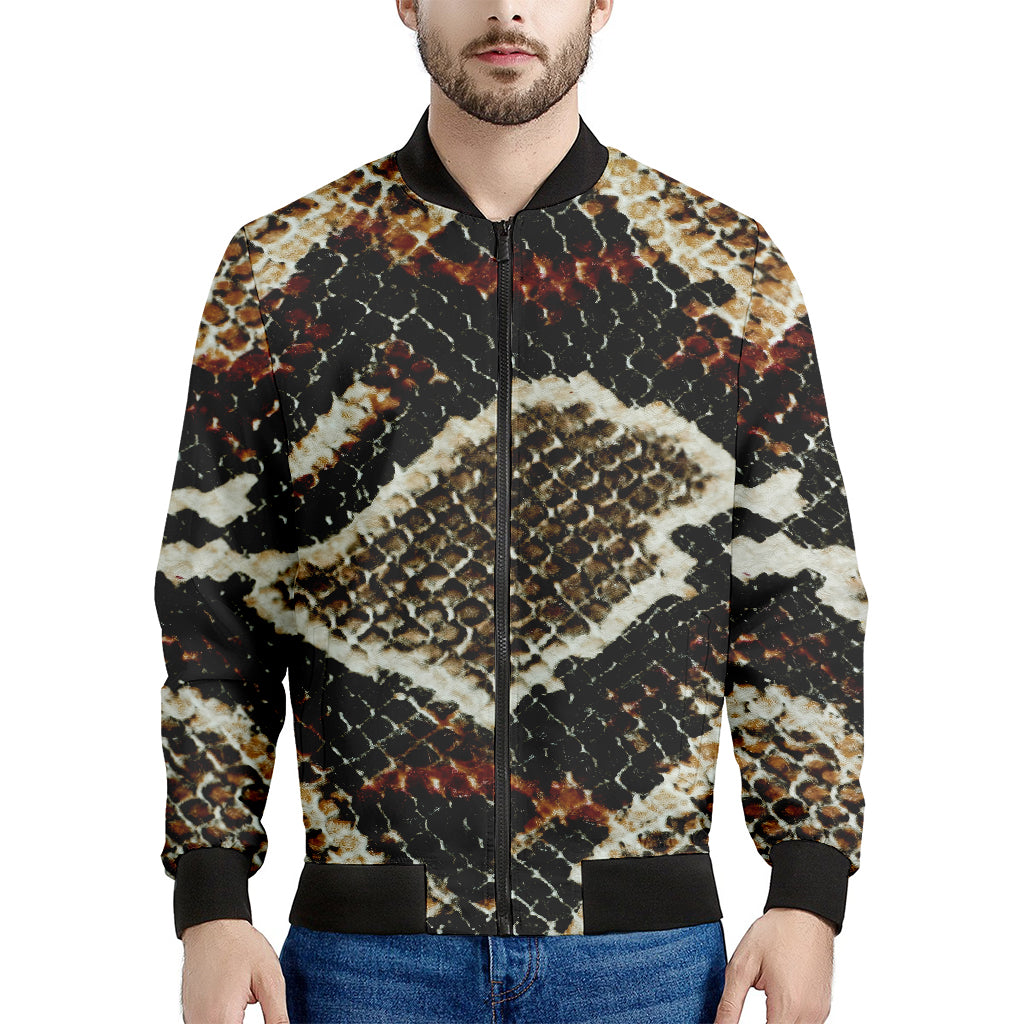 Brown And Black Snakeskin Print Men's Bomber Jacket