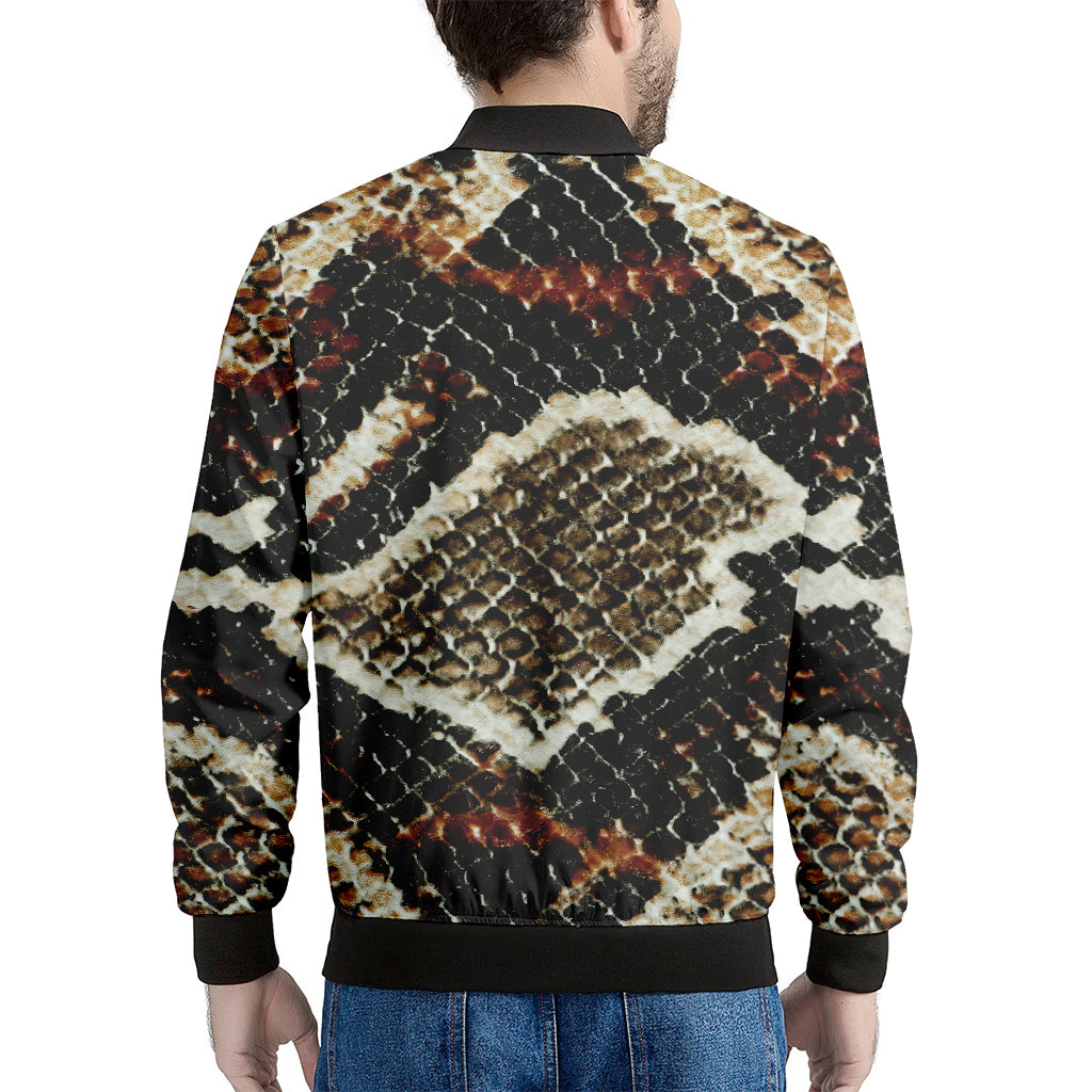 Brown And Black Snakeskin Print Men's Bomber Jacket