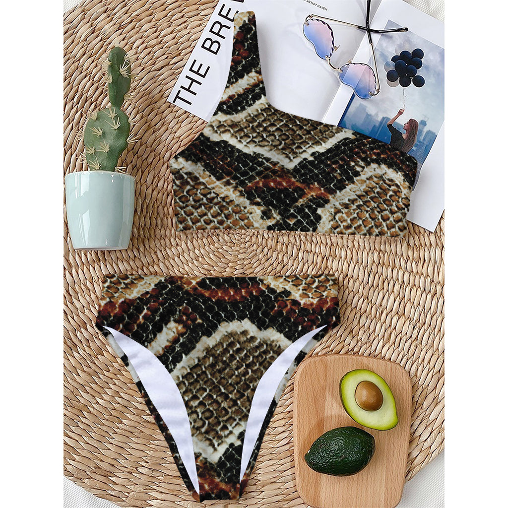 Brown And Black Snakeskin Print One Shoulder Bikini Top