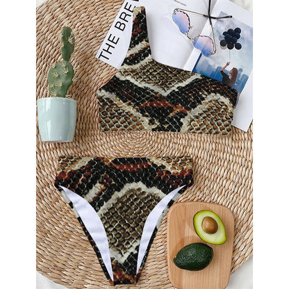 Brown And Black Snakeskin Print One Shoulder Bikini Top