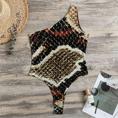 Brown And Black Snakeskin Print One Shoulder Bodysuit