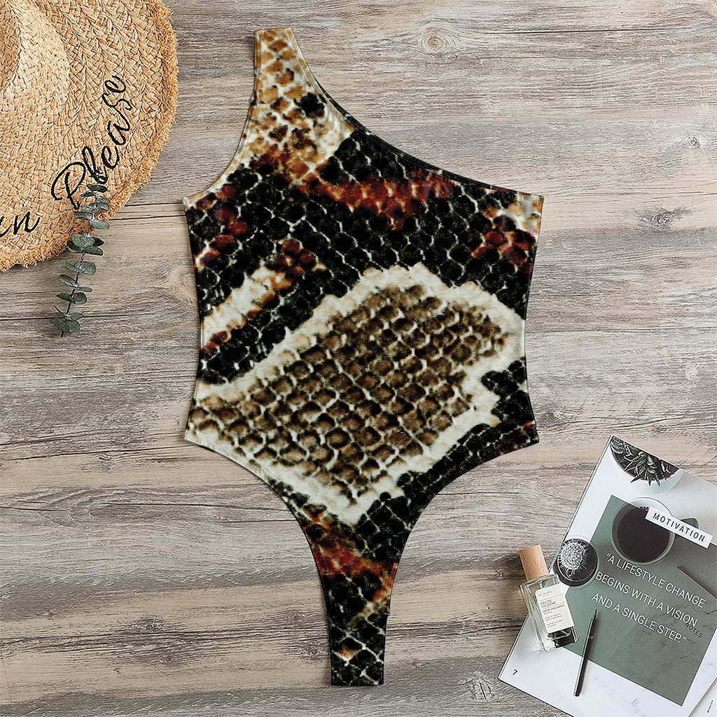 Brown And Black Snakeskin Print One Shoulder Bodysuit