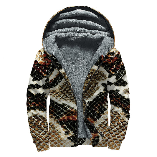 Brown And Black Snakeskin Print Sherpa Lined Zip Up Hoodie