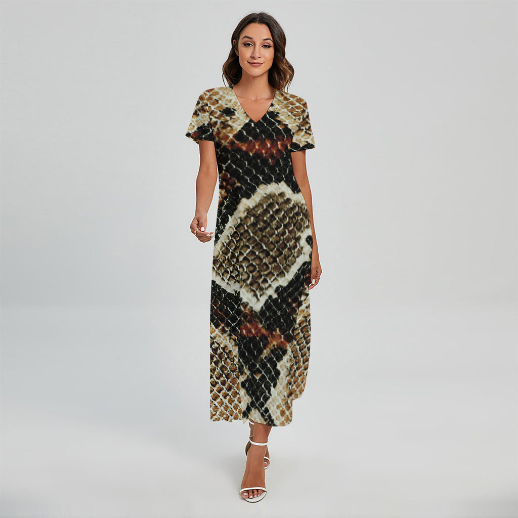 Brown And Black Snakeskin Print Short Sleeve Maxi Dress