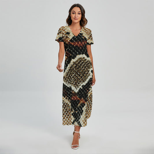 Brown And Black Snakeskin Print Short Sleeve Maxi Dress
