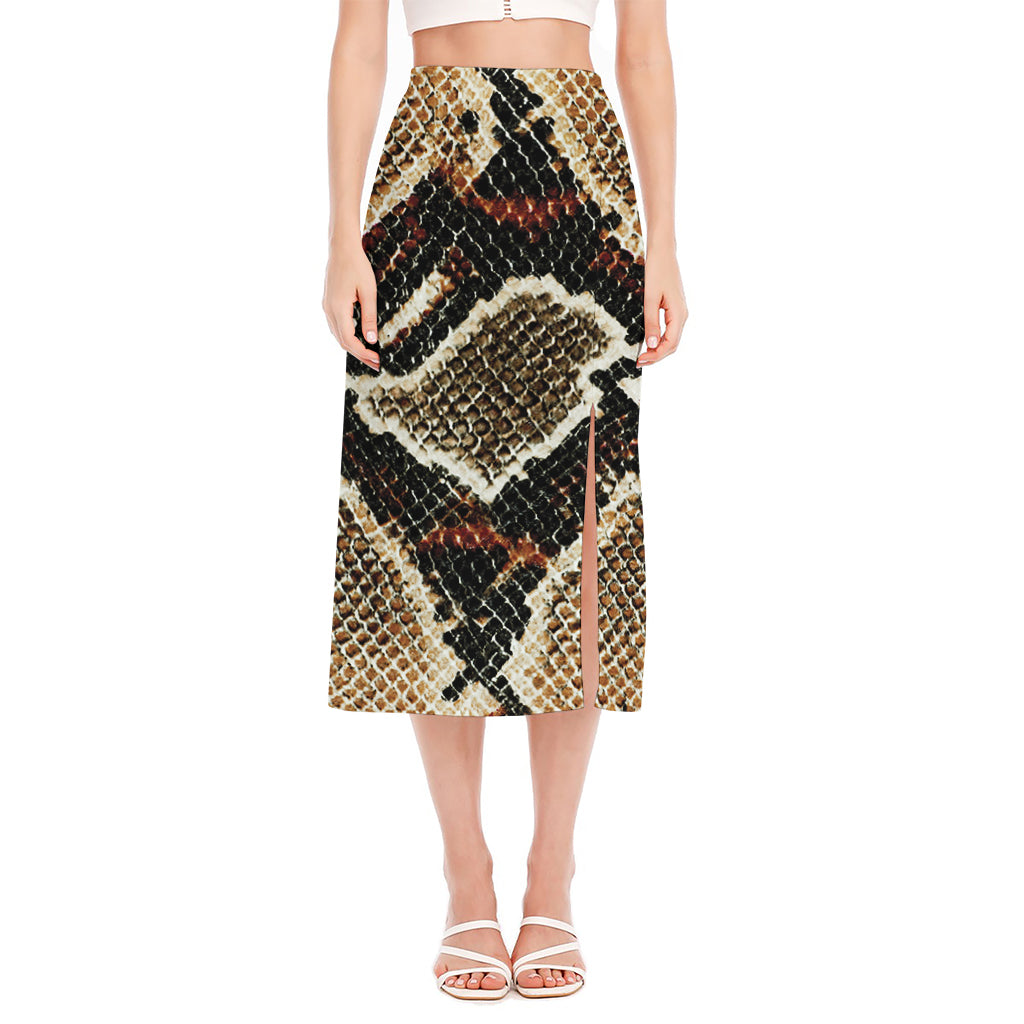 Brown And Black Snakeskin Print Side Slit Midi Skirt