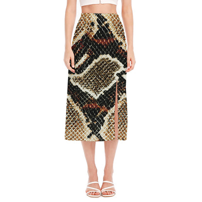 Brown And Black Snakeskin Print Side Slit Midi Skirt