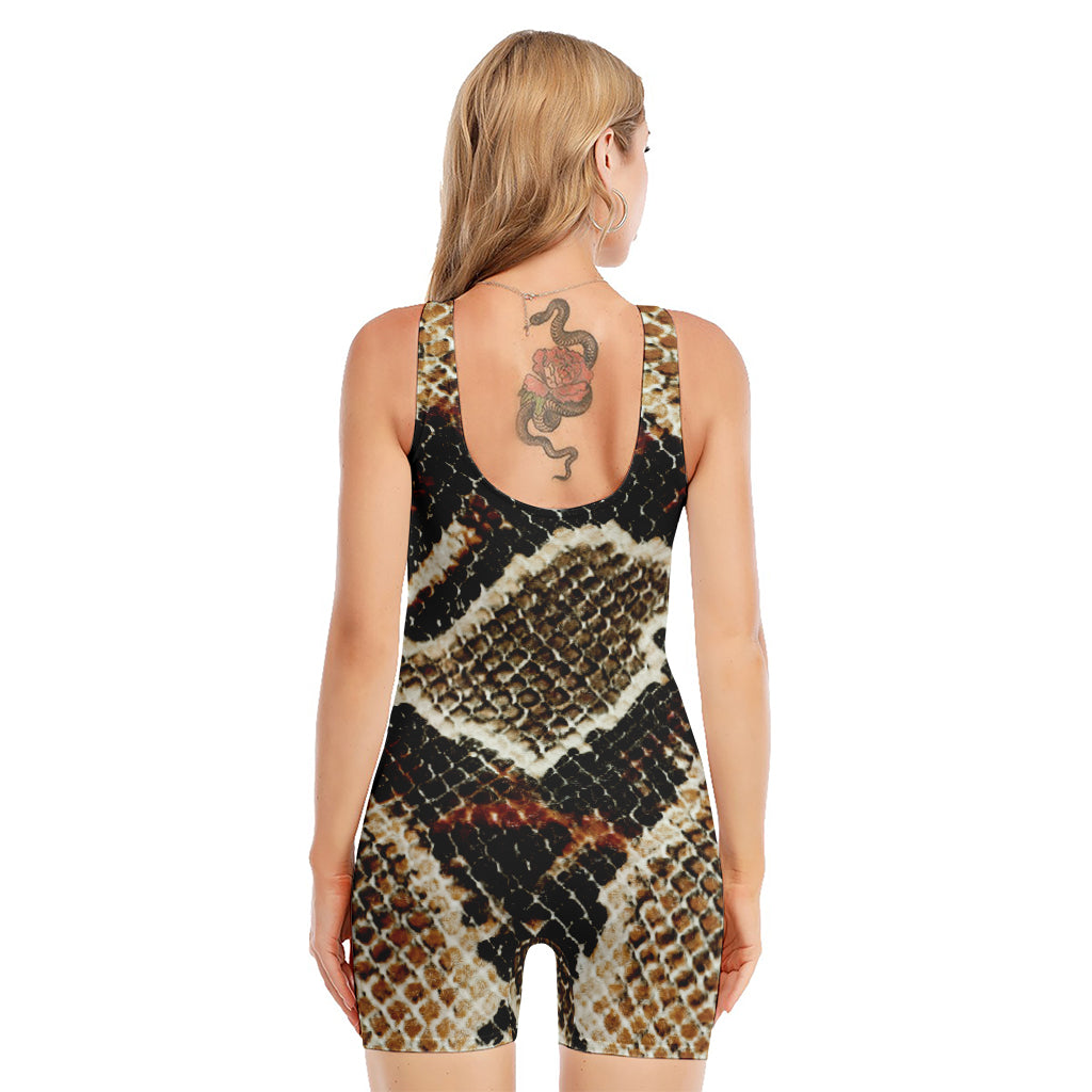 Brown And Black Snakeskin Print Sleeveless One Piece Swimsuit