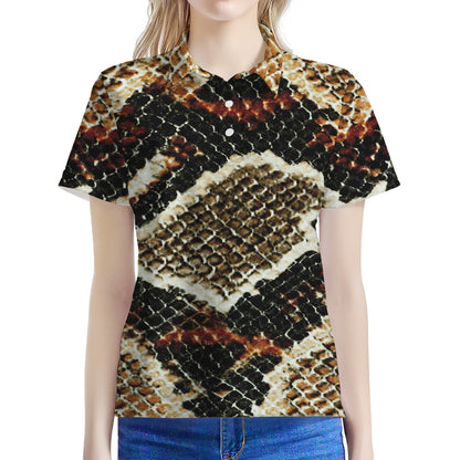 Brown And Black Snakeskin Print Women's Polo Shirt