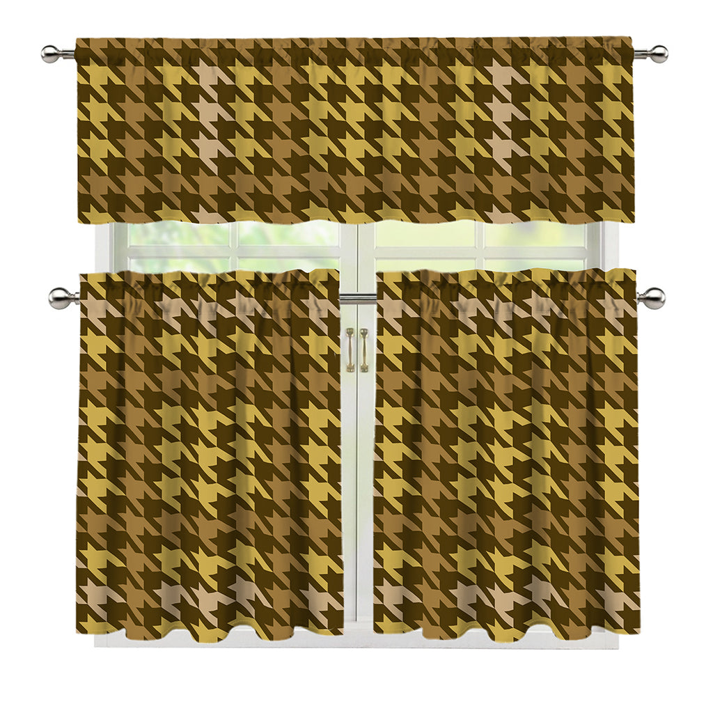 Brown And Tan Houndstooth Pattern Print 3 Piece Kitchen Curtains