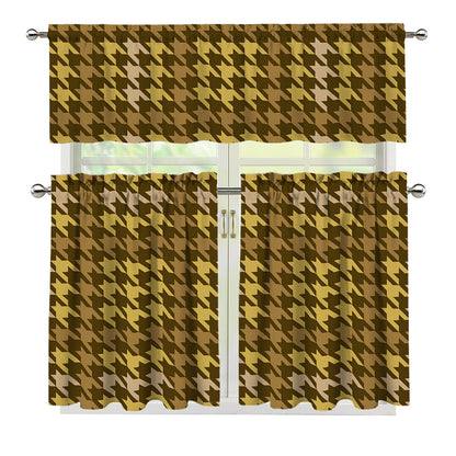 Brown And Tan Houndstooth Pattern Print 3 Piece Kitchen Curtains