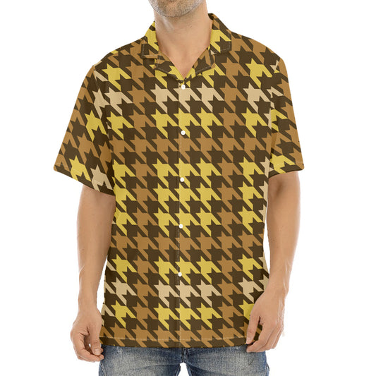 Brown And Tan Houndstooth Pattern Print Aloha Shirt