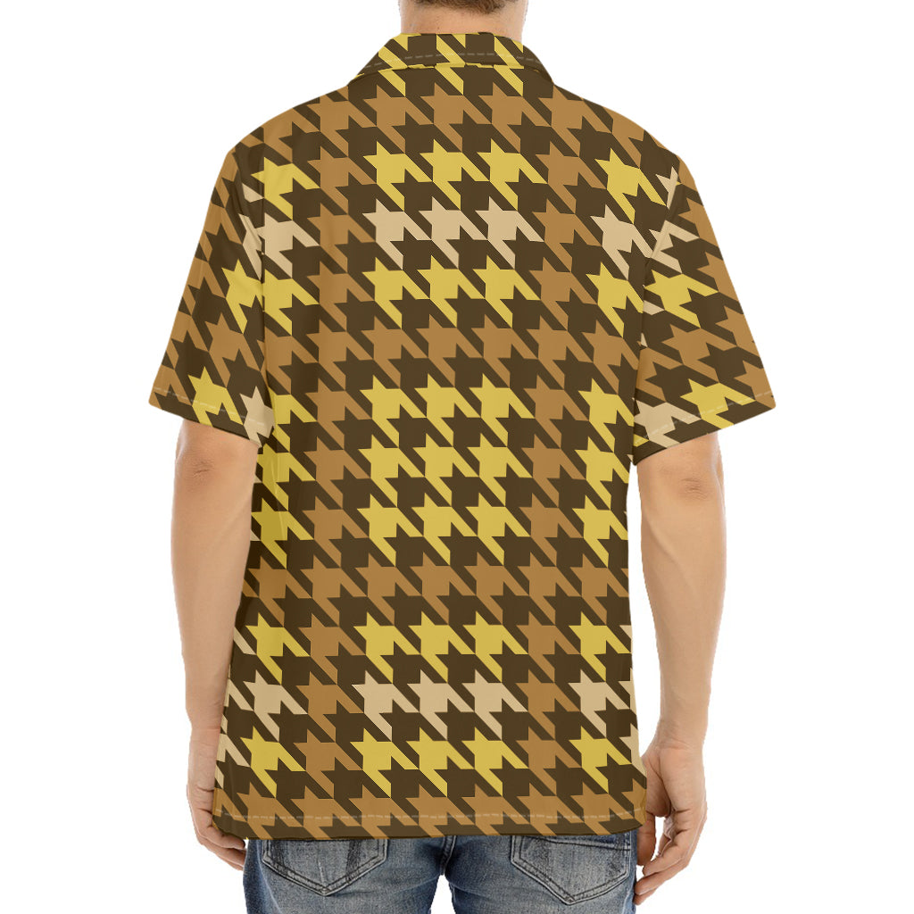 Brown And Tan Houndstooth Pattern Print Aloha Shirt