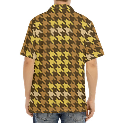 Brown And Tan Houndstooth Pattern Print Aloha Shirt