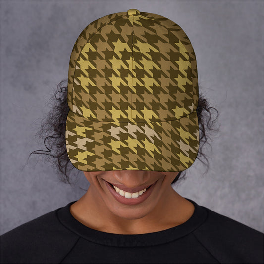 Brown And Tan Houndstooth Pattern Print Baseball Cap