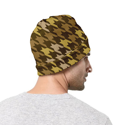 Brown And Tan Houndstooth Pattern Print Beanie