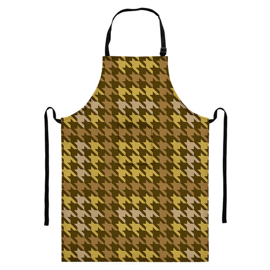 Brown And Tan Houndstooth Pattern Print Bib Apron With Pocket