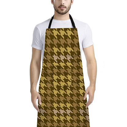 Brown And Tan Houndstooth Pattern Print Bib Apron With Pocket
