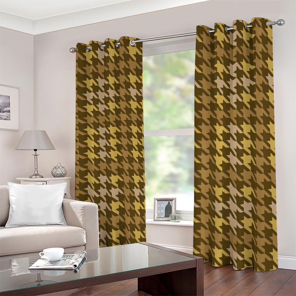 Brown And Tan Houndstooth Pattern Print Blackout Grommet Curtains