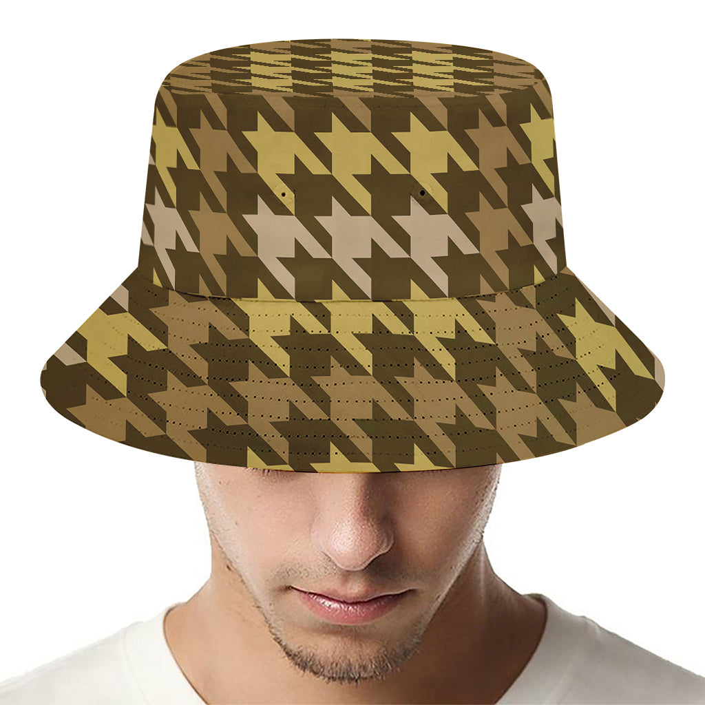 Brown And Tan Houndstooth Pattern Print Bucket Hat