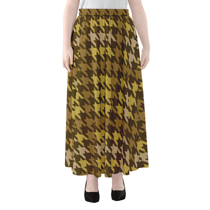 Brown And Tan Houndstooth Pattern Print Chiffon Maxi Skirt