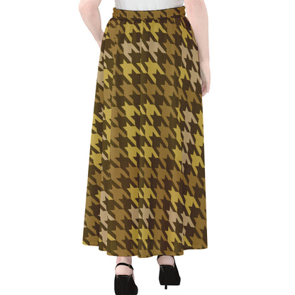 Brown And Tan Houndstooth Pattern Print Chiffon Maxi Skirt