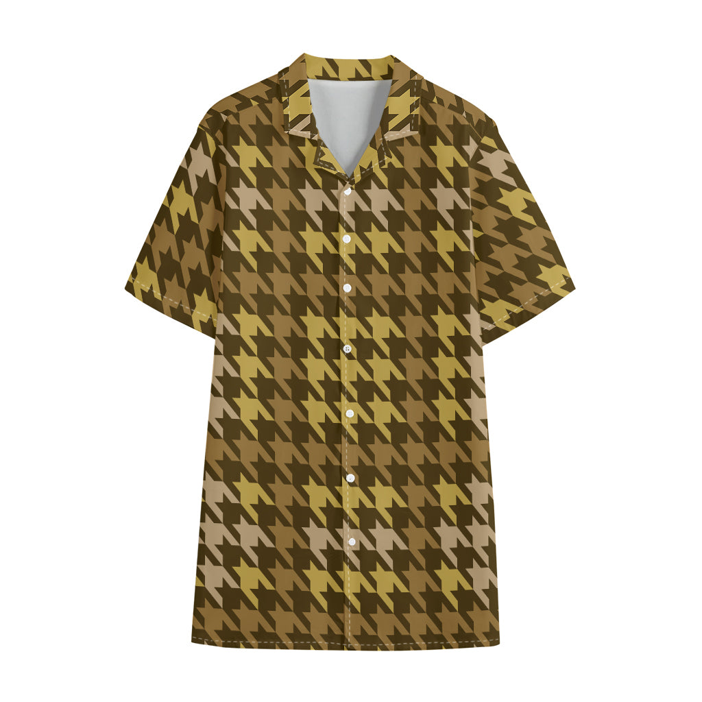 Brown And Tan Houndstooth Pattern Print Cotton Hawaiian Shirt