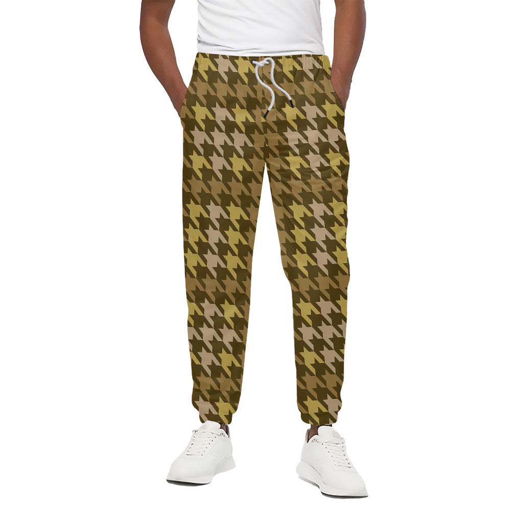Brown And Tan Houndstooth Pattern Print Cotton Pants