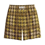 Brown And Tan Houndstooth Pattern Print Cotton Shorts