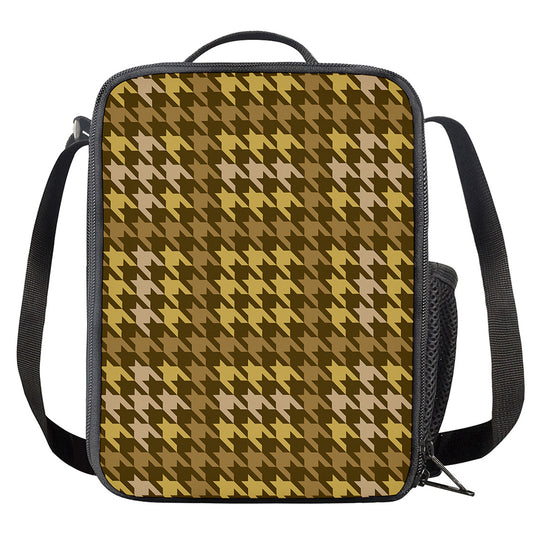 Brown And Tan Houndstooth Pattern Print Crossbody Lunch Bag