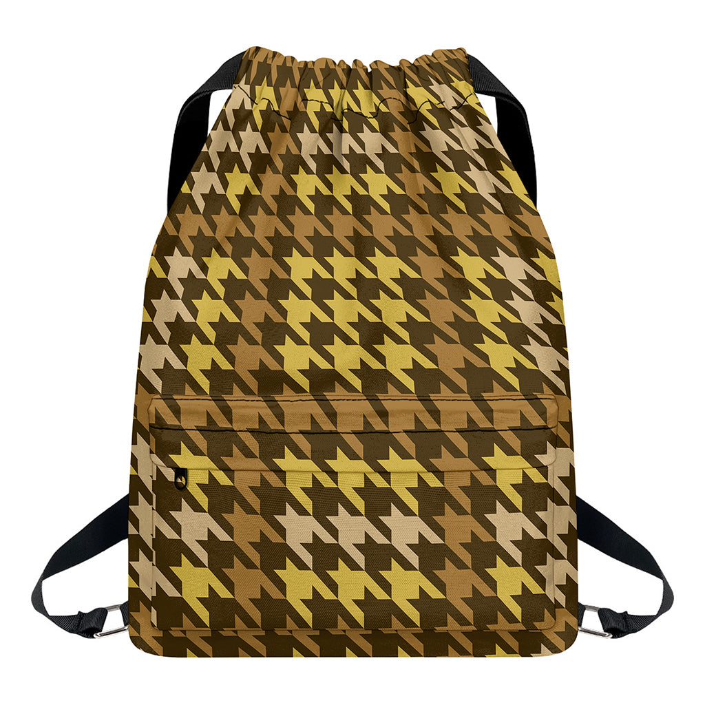 Brown And Tan Houndstooth Pattern Print Drawstring Backpack