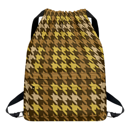 Brown And Tan Houndstooth Pattern Print Drawstring Backpack