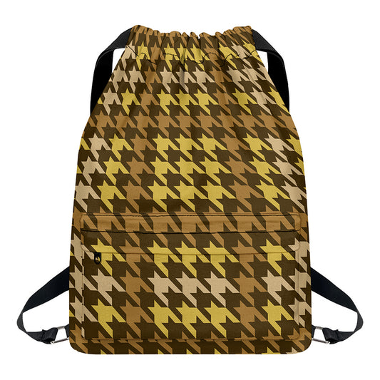 Brown And Tan Houndstooth Pattern Print Drawstring Backpack