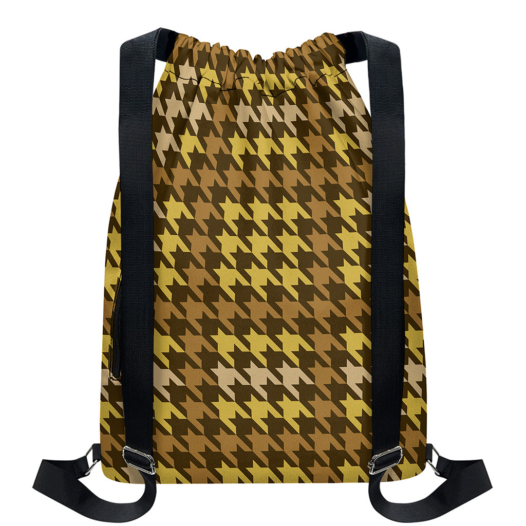 Brown And Tan Houndstooth Pattern Print Drawstring Backpack
