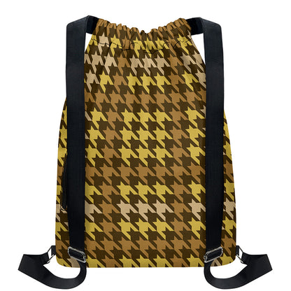 Brown And Tan Houndstooth Pattern Print Drawstring Backpack