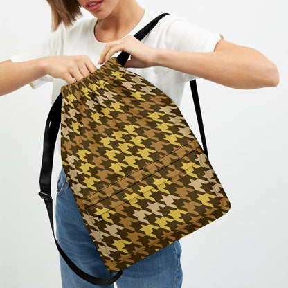 Brown And Tan Houndstooth Pattern Print Drawstring Backpack