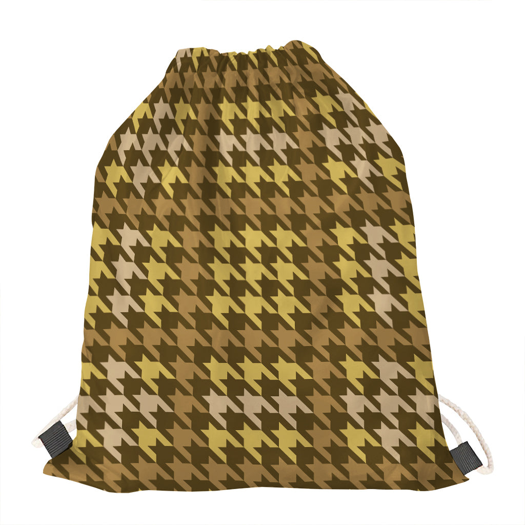 Brown And Tan Houndstooth Pattern Print Drawstring Bag