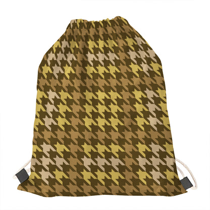Brown And Tan Houndstooth Pattern Print Drawstring Bag